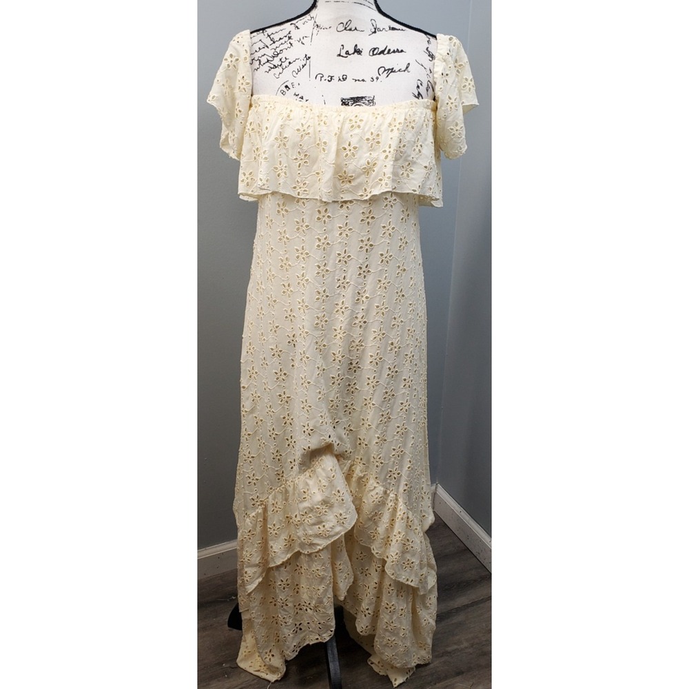 Winston White Maxi Dress Womens Medium White Eyelet Ruffle Off The Shoulder Neck